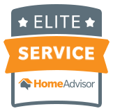 A badge with Elite Service in bold letters and the HomeAdvisor logo, highlighting exceptional service quality and professional recognition.
