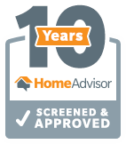 Badge with 10 Years at the top, HomeAdvisor logo in the center, and Screened & Approved with a checkmark at the bottom—signifying trusted professionals.