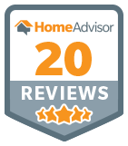 A HomeAdvisor badge featuring 20 Reviews above three orange stars, with the HomeAdvisor logo at the top, all inside a professional blue and gray shield.
