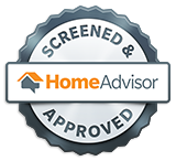 A round, silver badge with a ribbon reads Screened & Approved. In the center, the HomeAdvisor logo features a house icon and the words HomeAdvisor in orange and gray, symbolizing trusted local professionals.